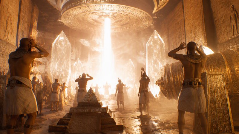 Ancient Egyptian priests worship a glowing descending light beam inside an ornate carved temple c...