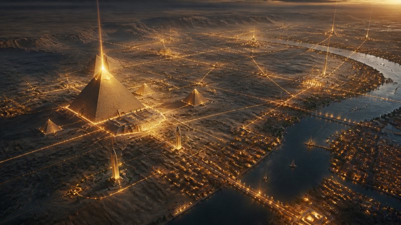 Aerial view of glowing ancient Egyptian pyramid complex with golden light beams beside the Nile a...