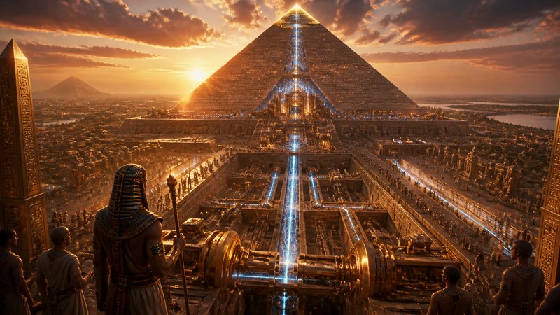 Pharaoh overlooks a glowing technologically advanced Great Pyramid complex at golden sunset