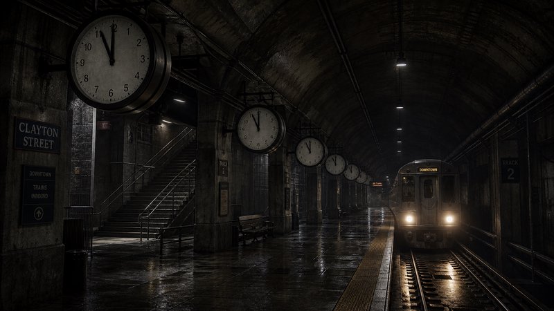 Row of synchronized hanging clocks lines a dark vintage subway station as a train approaches wet ...