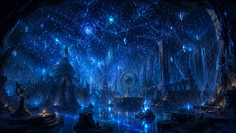 Magical underground celestial city with glowing blue constellation sky, floating crystals and anc...