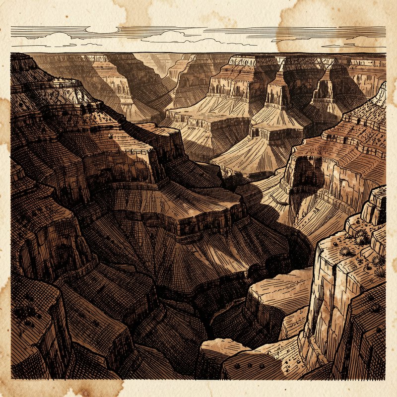 Sepia pen and ink illustration of Grand Canyon rock formations on aged stained parchment
