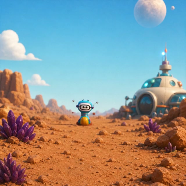Cute blue robot standing in an orange desert with purple crystals and a futuristic dome building ...