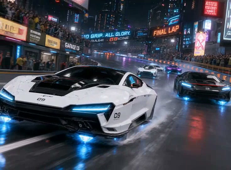White futuristic sports car racing at night on a neon-lit city track.
