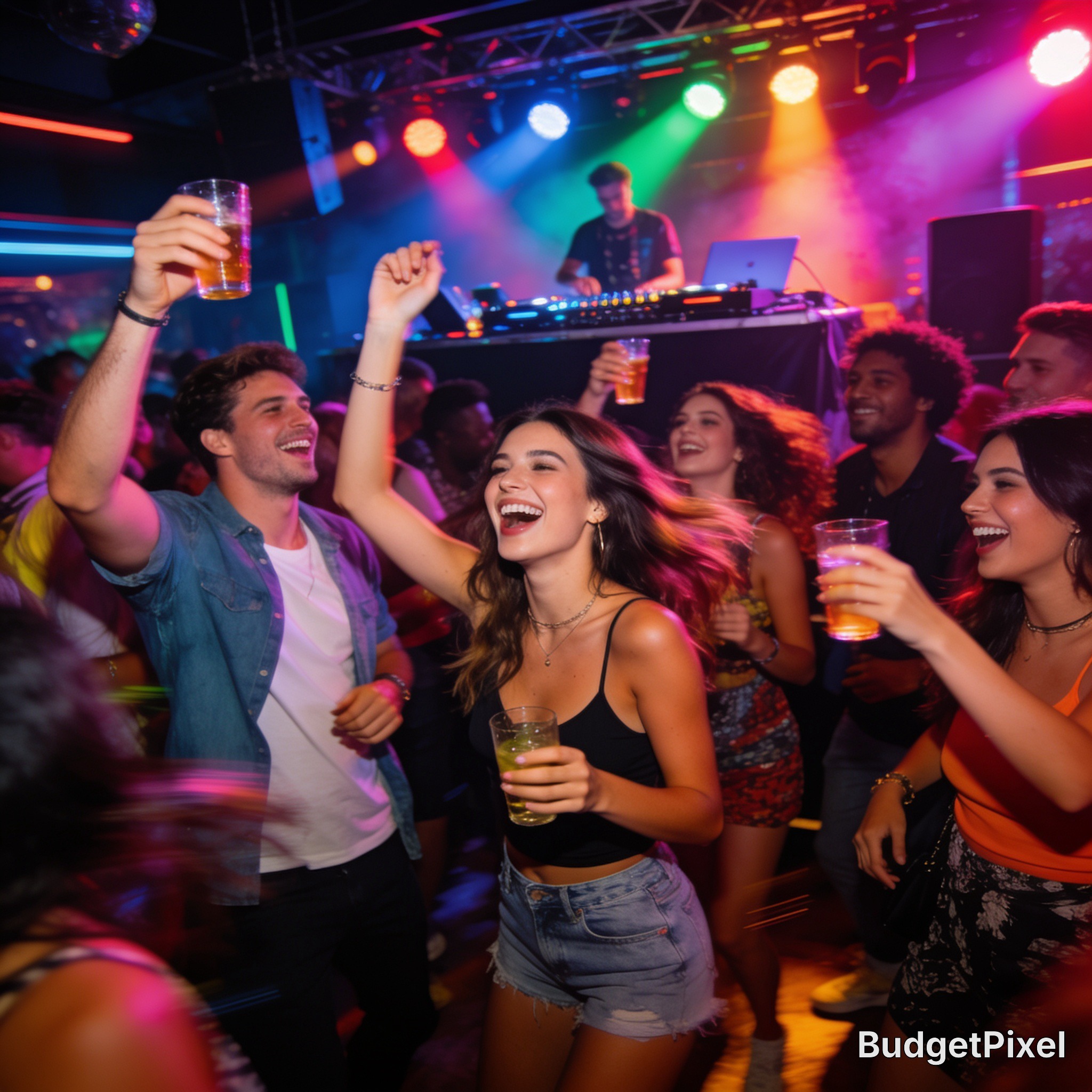 Joyful crowd dancing at a colorful nightclub with a DJ on stage.