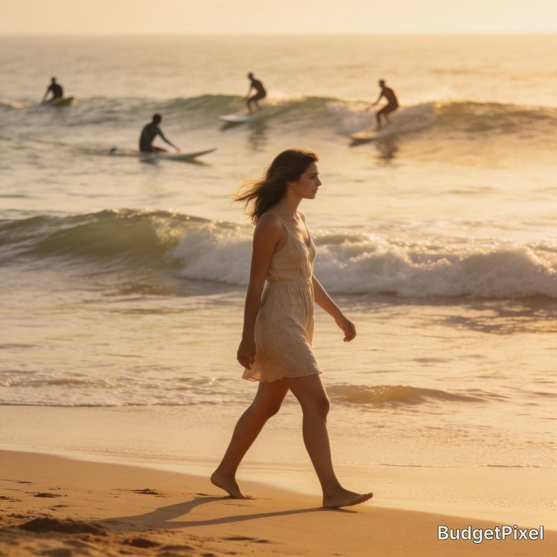 Woman walking along a sunset beach with surfers in the background.