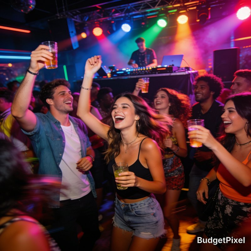 Joyful crowd dancing at a colorful nightclub with a DJ on stage.
