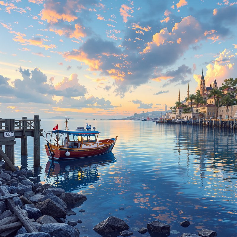 Small colorful boat docked in a calm harbor at sunset with a historic coastal town and spires in ...