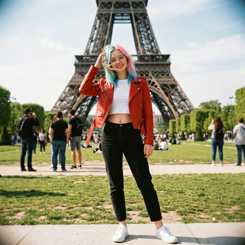 Young woman with pastel hair in a red leather jacket posing in front of the Eiffel Tower.