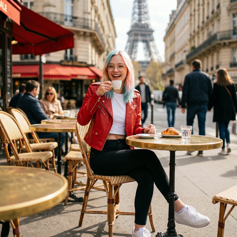 Woman with pastel hair in a red leather jacket enjoying coffee at a Parisian cafe with the Eiffel...