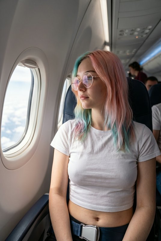 Young woman with pastel pink, blue, and green hair sits by airplane window wearing a white crop t...