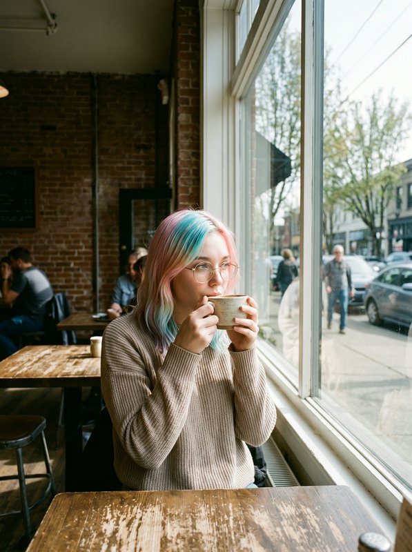 Woman with pastel blue and pink hair sipping coffee by a sunny cafe window.