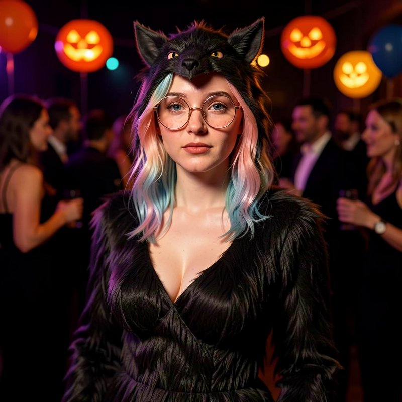 Woman in a black fur costume wearing a wolf hat at a Halloween party with pumpkin balloons.