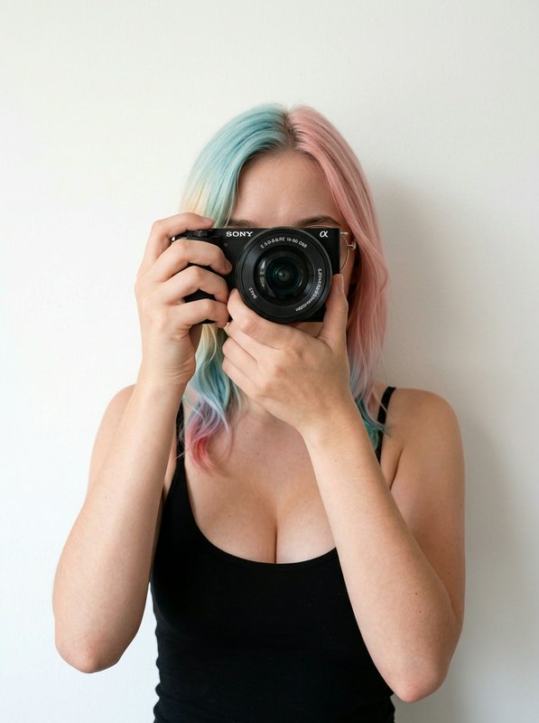 Woman with pastel pink and blue hair holding a Sony camera up to her face, front view