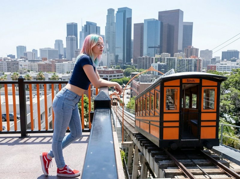 Woman with pastel rainbow hair leaning on railing beside orange streetcar with city skyline