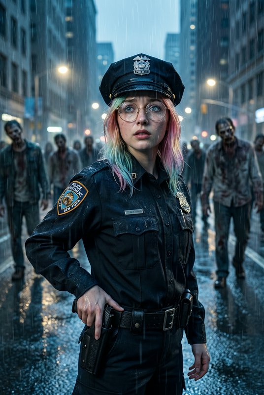 Female police officer with rainbow hair in a rain-soaked city, surrounded by zombie-like figures.