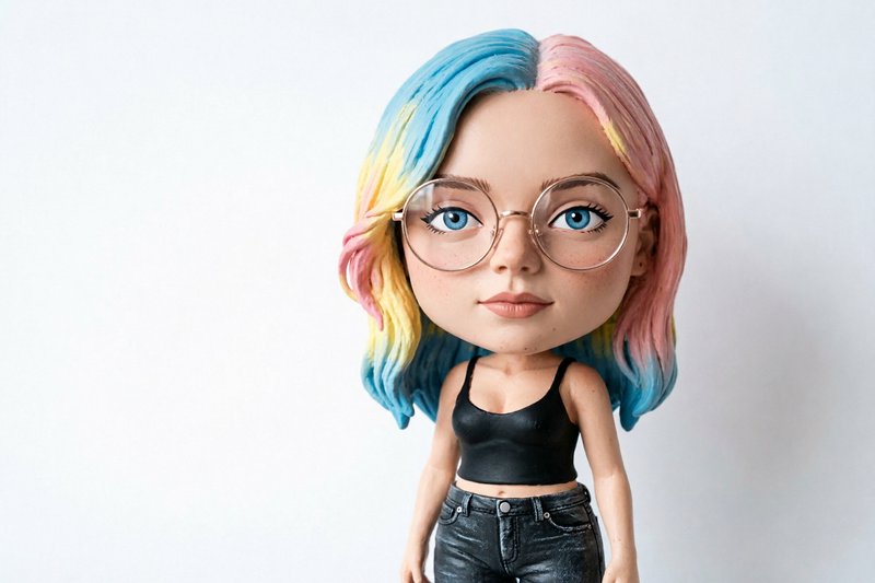Doll figure with rainbow hair, round glasses, black crop top, and jeans against a white background.