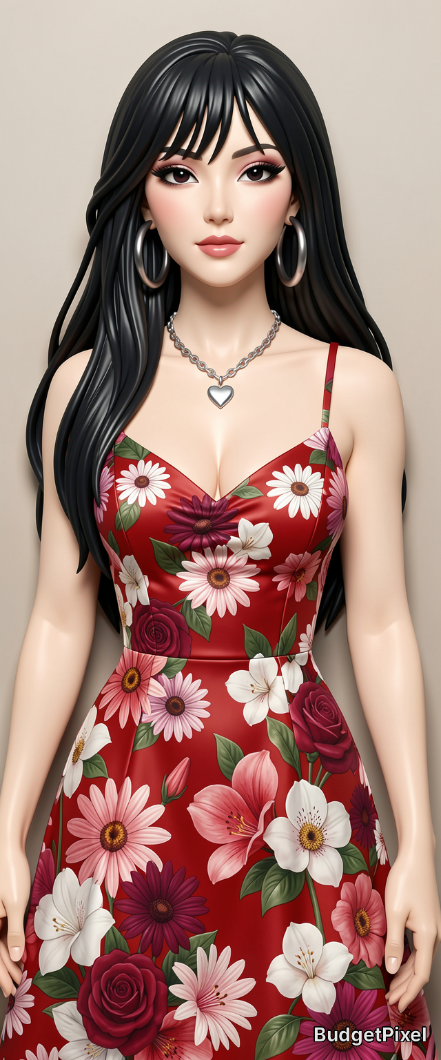 3D stylized portrait of an elegant woman with long black hair, wearing a vibrant red floral print dress and silver heart j...