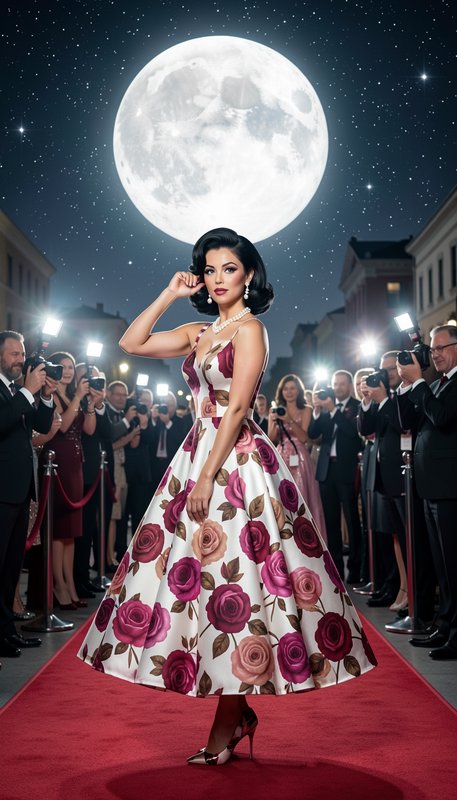 Glamorous retro Hollywood starlet poses on a red carpet under a giant glowing full moon as paparazzi take event photos