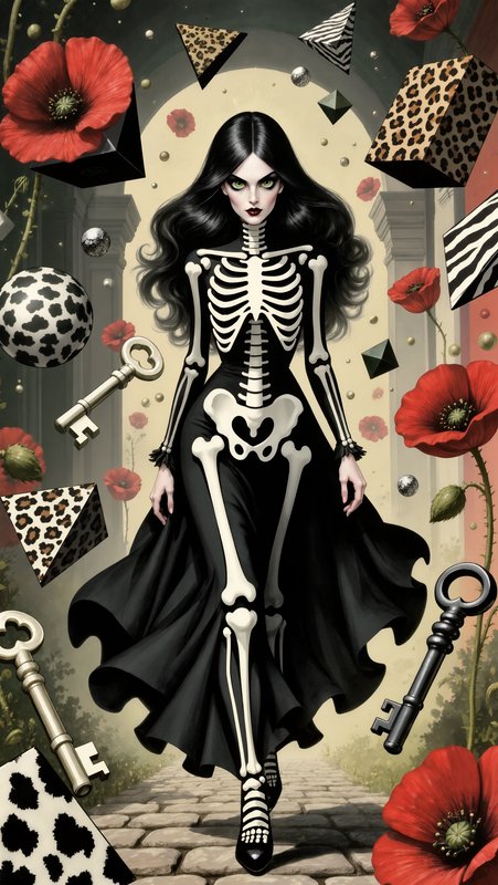 Surreal gothic woman in a skeleton print gown walks a cobblestone path, surrounded by floating po...