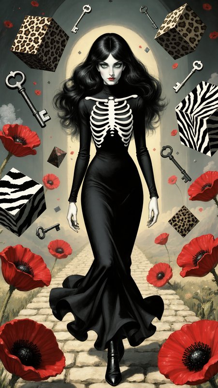 Surreal gothic illustration of a woman in a skeleton gown walking amid floating keys, patterned c...