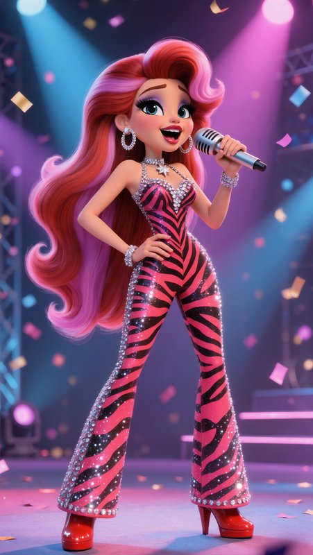 3D stylized cartoon pop star singer holding a microphone, performing on a lit concert stage with ...