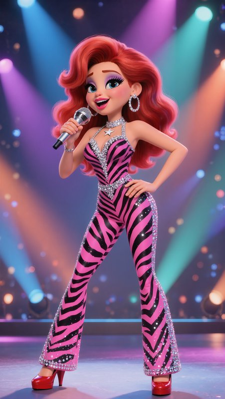 3D cartoon female pop star with voluminous red hair performs on a spotlighted concert stage holdi...