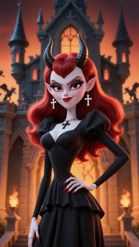 Stylized 3D animated horned gothic demoness with red hair, in a black gown, standing before a glo...