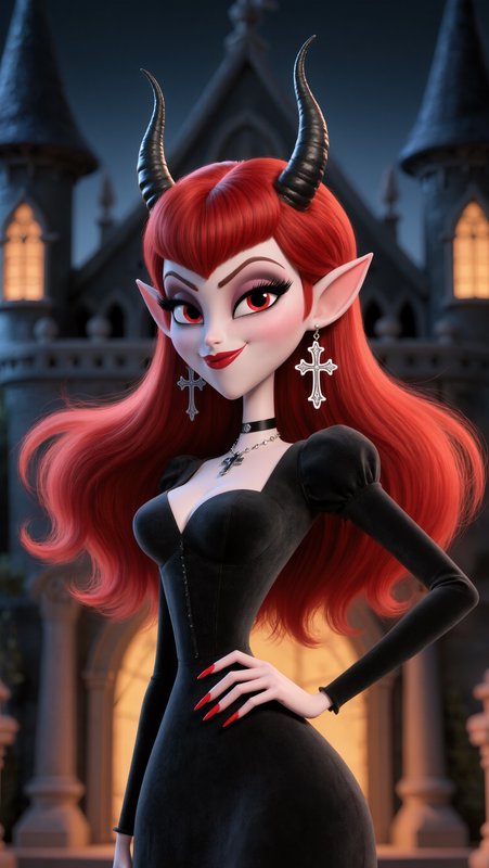 3D animated gothic horned elf woman with long red hair, posed before a glowing twilight spooky ca...