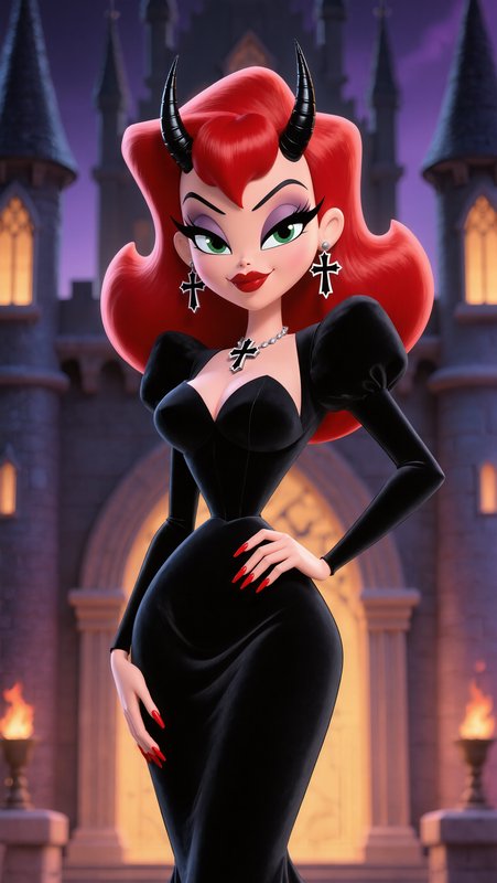 Stylized cartoon demoness with red hair, black horns, and a black gown stands before a lit gothic...