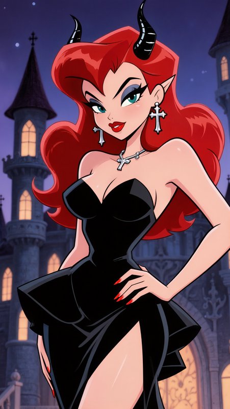 Retro cartoon demon woman with red hair, black horns, and strapless gown stands before a glowing ...