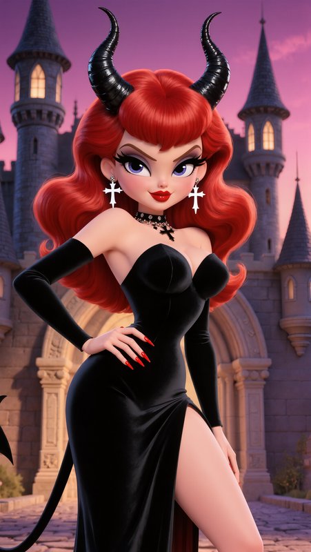 Stylized 3D cartoon demon woman with bright red hair, black horns, and a black gown poses before ...