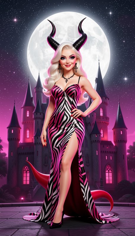 Stylized glamorous horned woman in pink zebra evening gown stands before a gothic castle under a ...