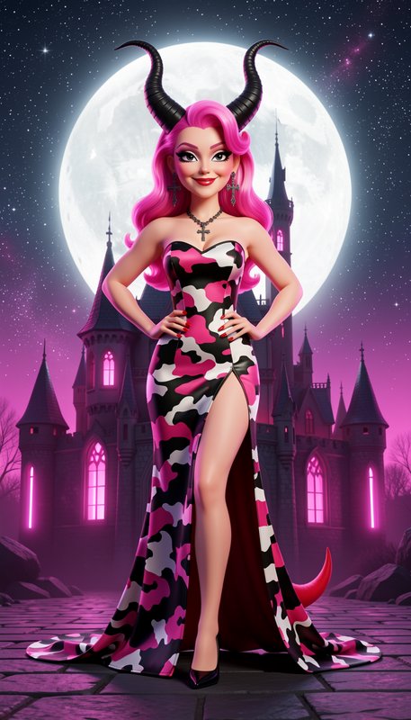 Stylized 3D horned demon woman with bright pink hair, camo gown, posing before a gothic castle un...