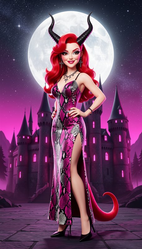 Glamorous horned demon woman with bright red hair stands confidently before a gothic castle under...