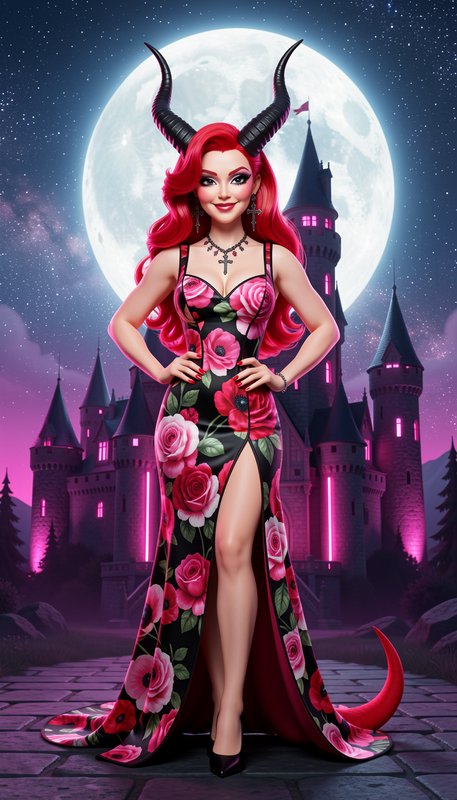 Glamorous horned demon woman with bright red hair in a rose-print gown, standing before a gothic ...
