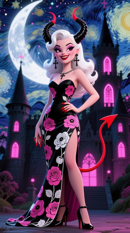 Glamorous cartoon demon woman with horns and rose gown poses before a glowing gothic castle under...
