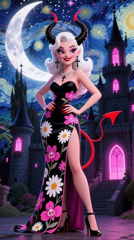 Glamorous 3D cartoon demon woman with horns, floral gown, standing before lit gothic castle under...