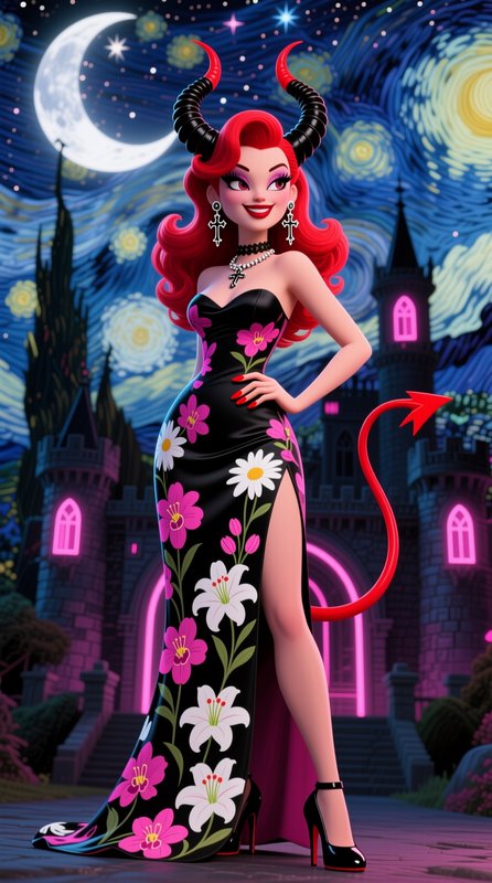 3D cartoon glamorous she-devil with red hair, horns, floral gown, standing before neon gothic cas...