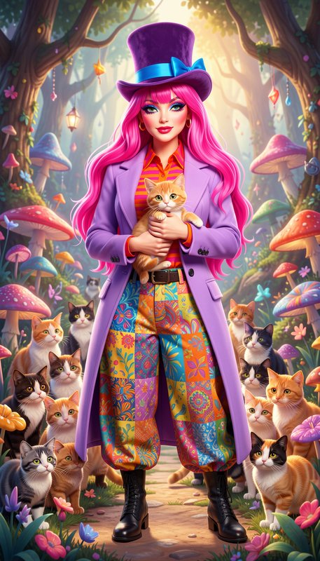 Whimsical pink-haired woman in purple top hat holds an orange kitten, surrounded by cats in a mag...