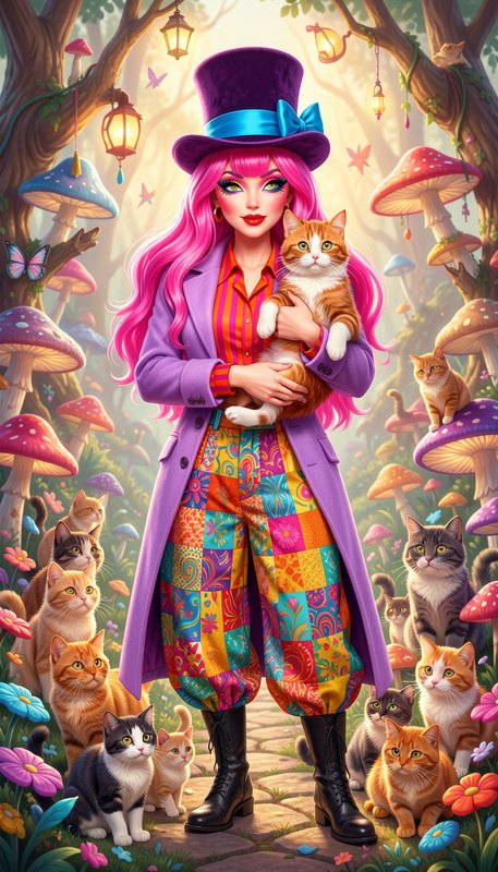 Pink-haired woman in a purple top hat holds an orange cat, surrounded by friendly cats in a glowi...