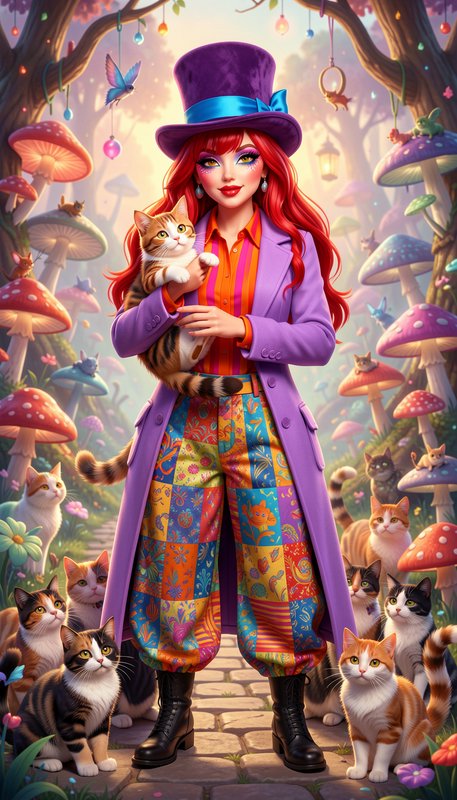 Whimsical mad hatter style woman with purple top hat holds a cat, surrounded by cats in a glowing...