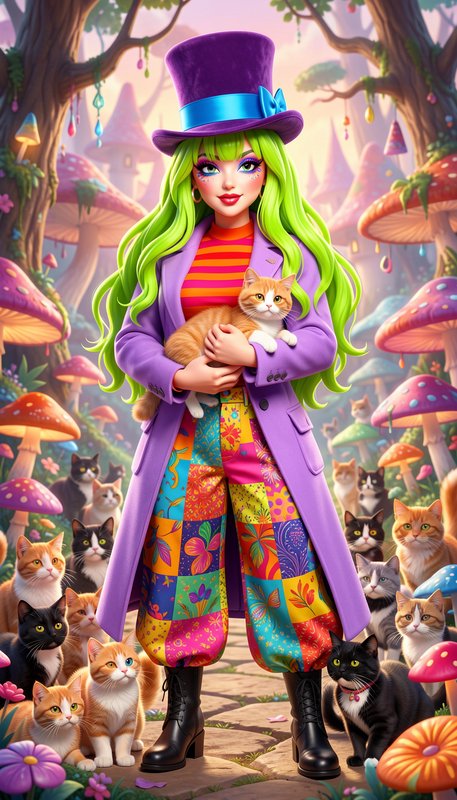 Whimsical cat lady with bright green hair and purple top hat holds an orange cat, surrounded by f...