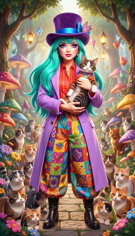Whimsical hatter woman with turquoise hair holds a cat, surrounded by cats in an enchanted mushro...