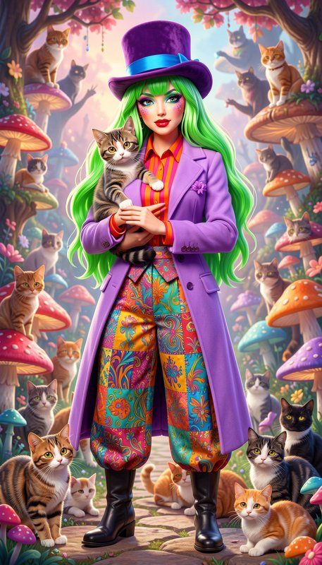 Whimsical green-haired woman in a purple top hat holds a tabby cat, surrounded by cats in a magic...