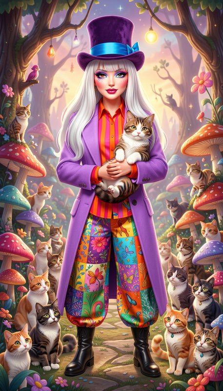 Whimsical fantasy woman in a purple top hat holds a tabby cat, surrounded by other cats in an enc...