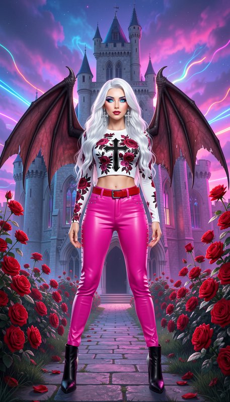 White-haired fantasy demon woman with bat wings stands in red rose garden before a gothic castle