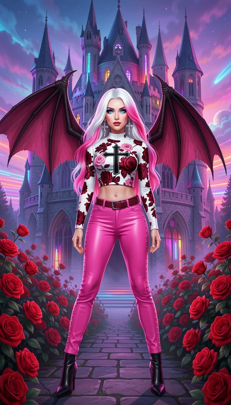 Stylized winged fantasy demon girl stands on a rose-lined path before a glowing gothic castle at ...