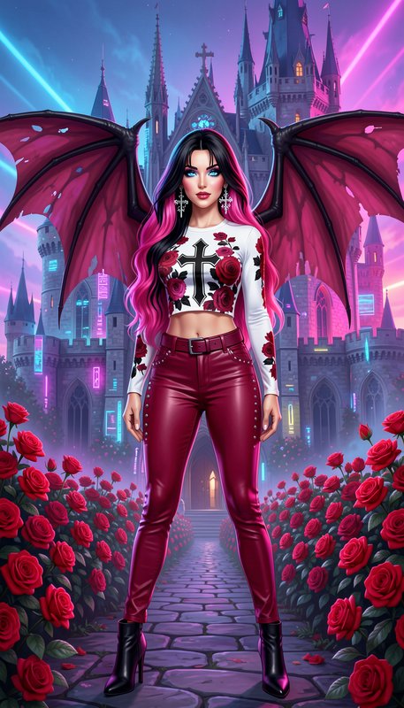 Fantasy illustration of winged goth woman standing on rose-lined path before neon gothic castle