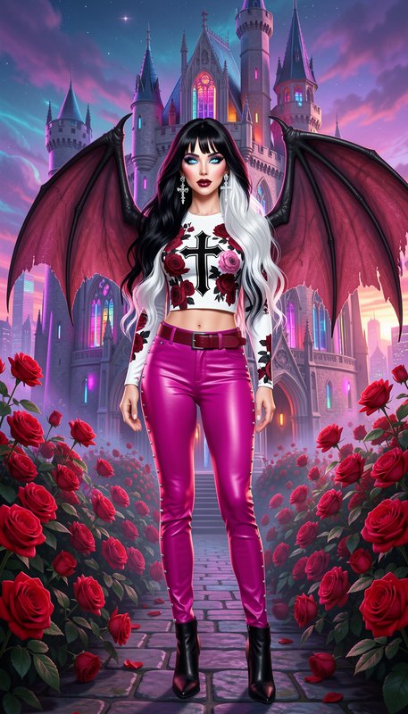 Glam goth vampire woman with bat wings stands before a glowing fairytale castle and red rose gard...